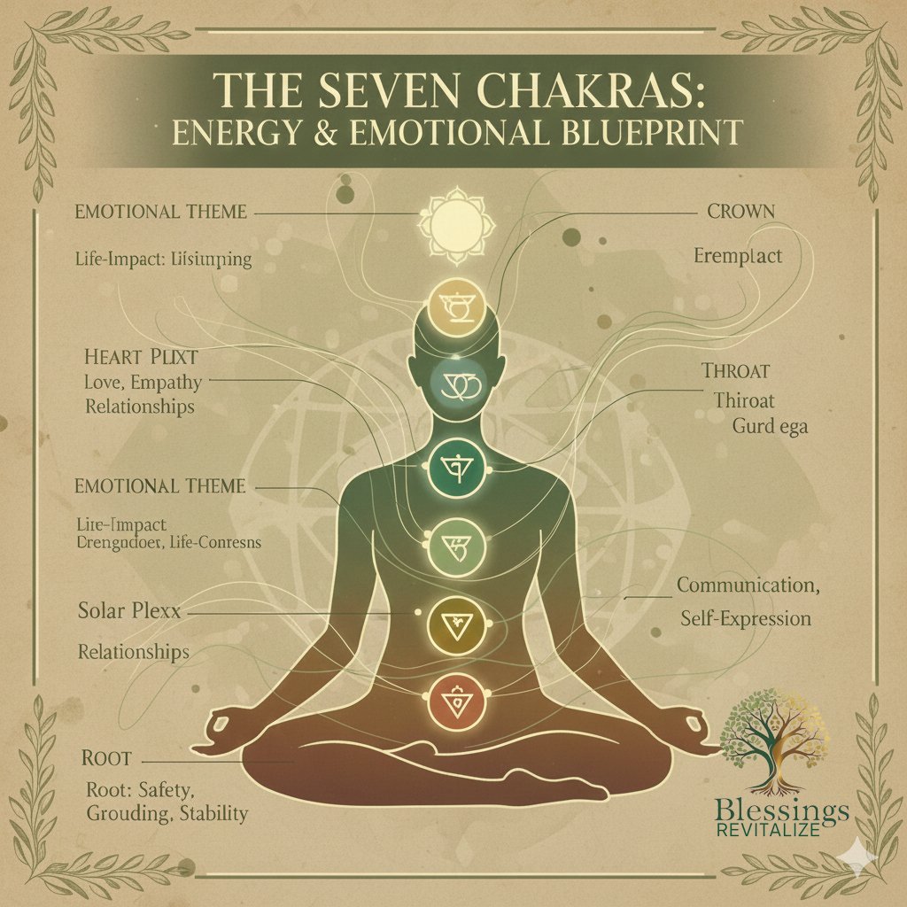 Comprehensive chart of the 7 chakras showing energy flow and emotional alignment.