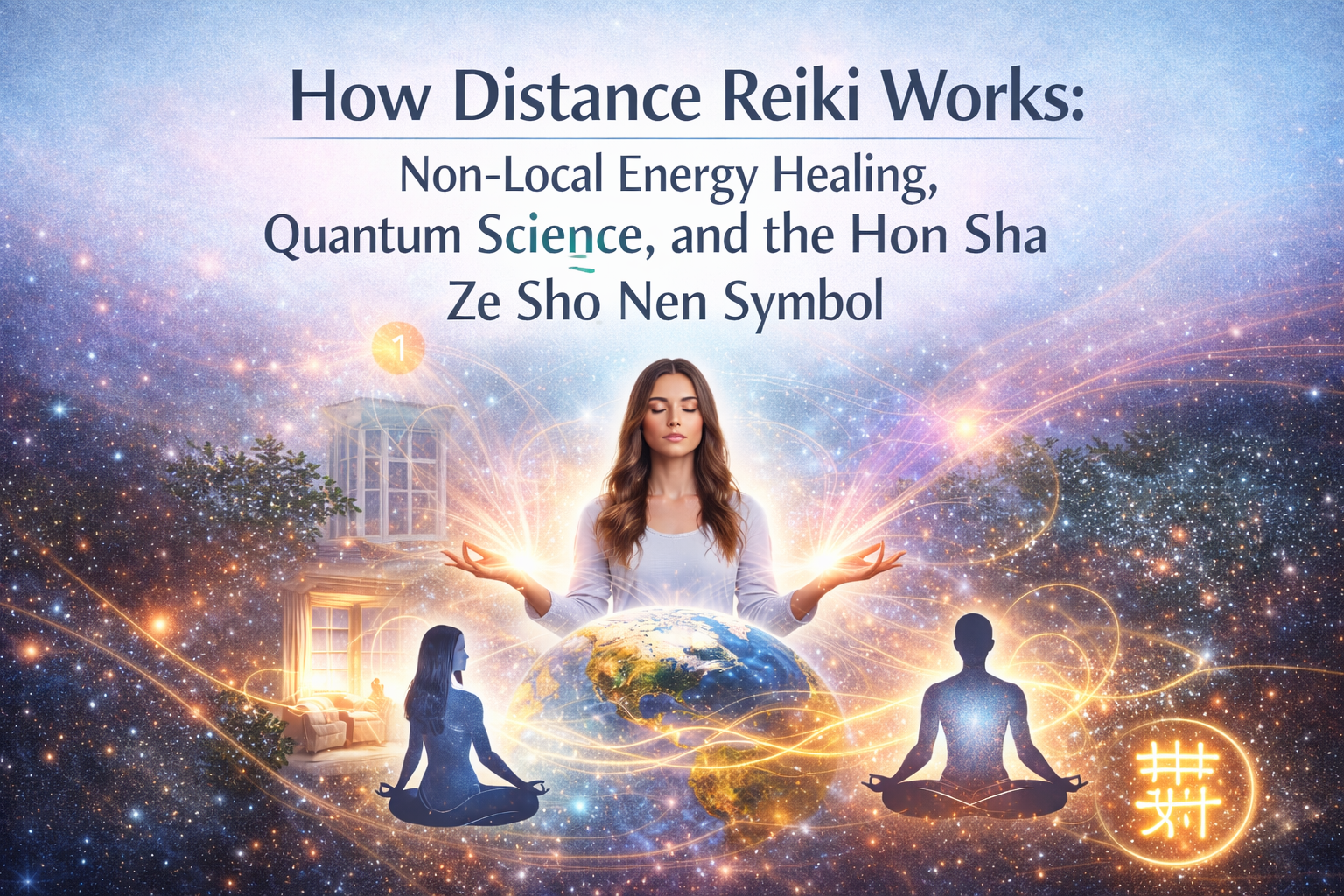 Visual representation of distance Reiki healing using non-local energy connection and the Hon Sha Ze Sho Nen symbol