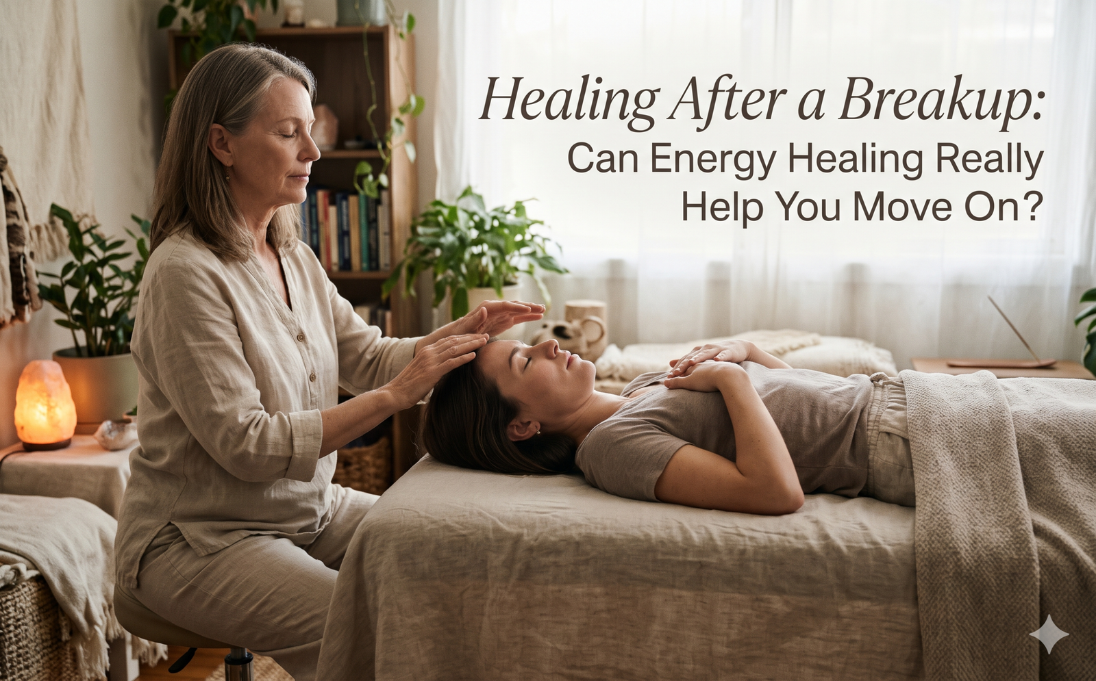 A person finding calm during an online energy healing session for breakup recovery, surrounded by warm, soothing light