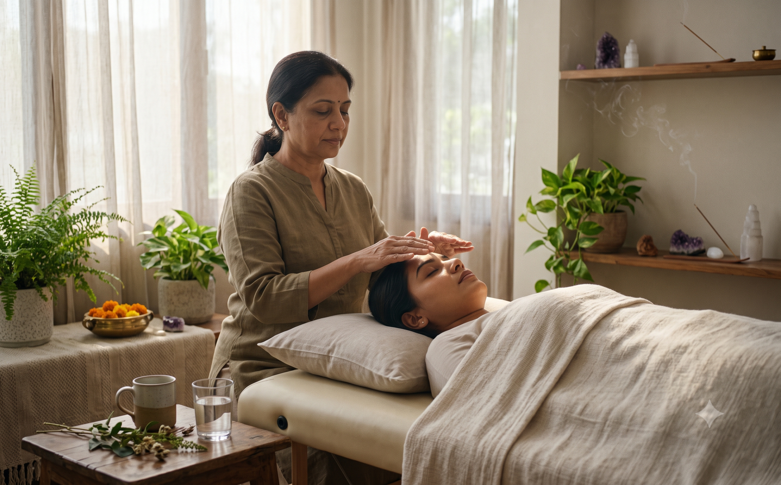 Reiki practitioner's hands performing an energy healing session to support mental clarity